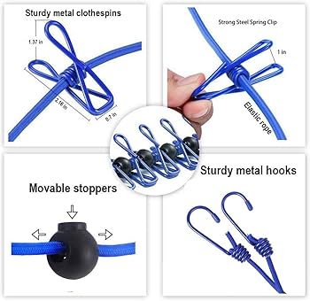 Elastic Cloth Drying Rope with 12 Clips Hooks